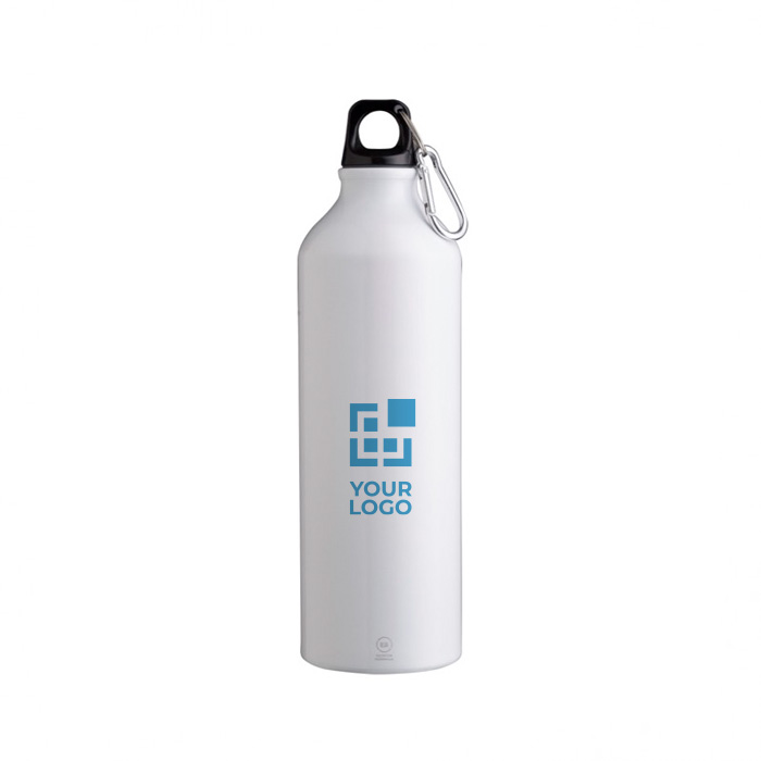 Botella de aluminio reciclado de acabado mate con mosquetón 770ml color blanco vista de impresión