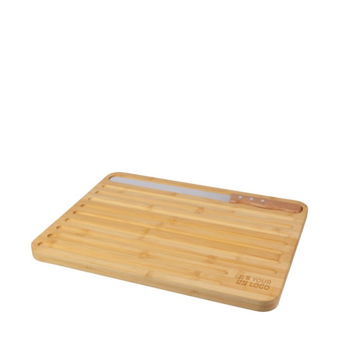 Set de tabla publicitaria con cuchillo para cortar pan Baguette color marrón vista de impresión