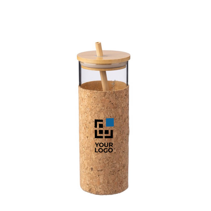 Vaso 450ml de vidrio con funda de corcho y tapa y pajita de bambú color marrón vista de impresión