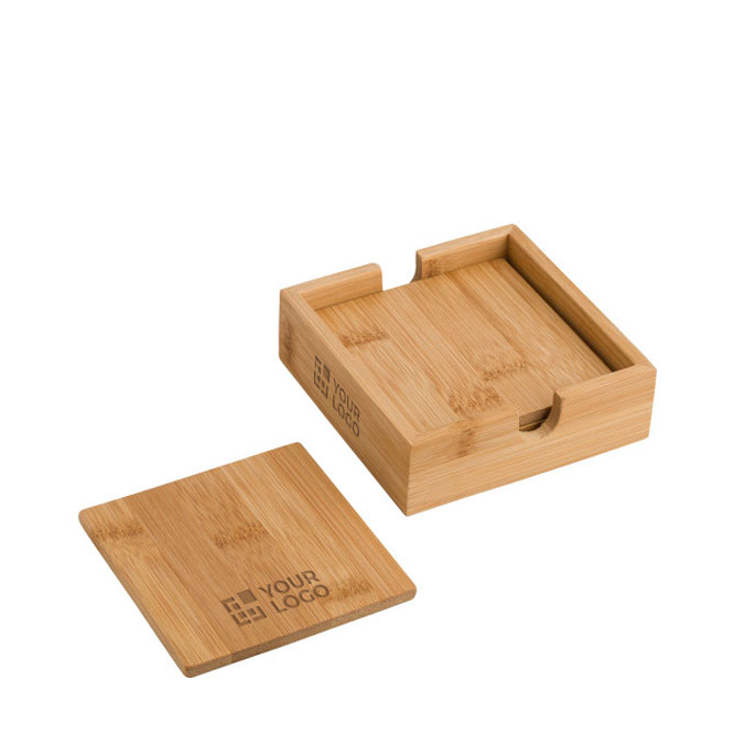 4 posavasos de bambú personalizados con caja para guardar Eco color madera vista de impresión