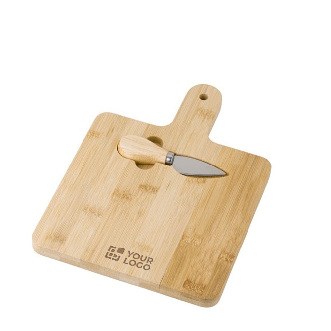 Tabla cuadrada para cortar y servir queso con cuchillo Gouda color madera vista de impresión