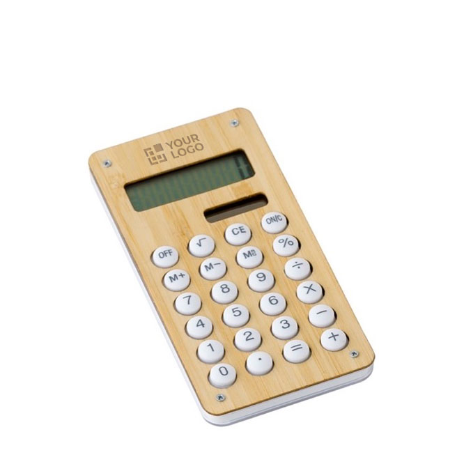 Calculadora pequeña de ABS y bambú con carga solar y pilas Design color madera vista de impresión