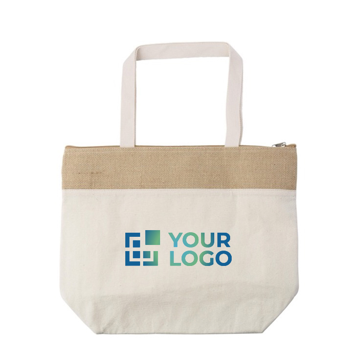 Bolsa nevera personalizada de algodón y detalle de yute con cremallera color caqui vista de impresión