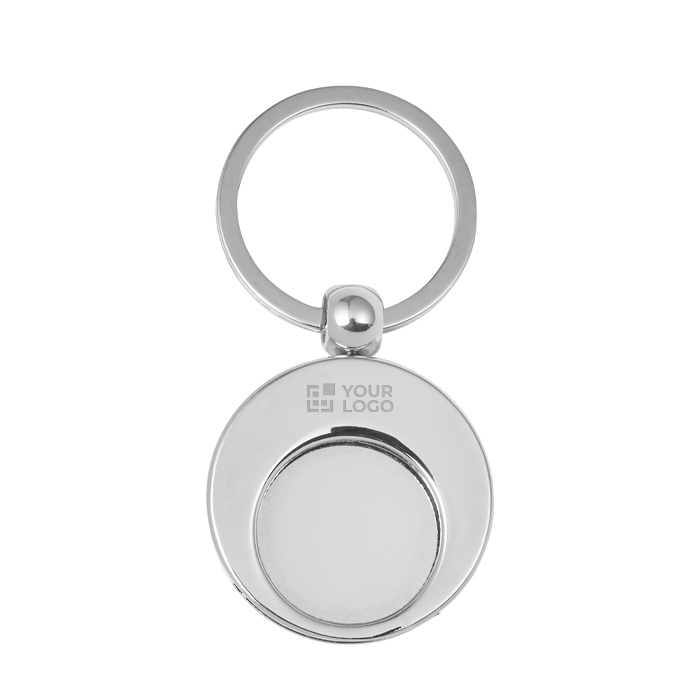 Llavero de metal redondo con ficha para el carro de compra KeyCoin color plateado vista de impresión