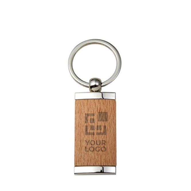 Llavero de bambú con forma rectangular y carcasa de metal color madera vista de impresión