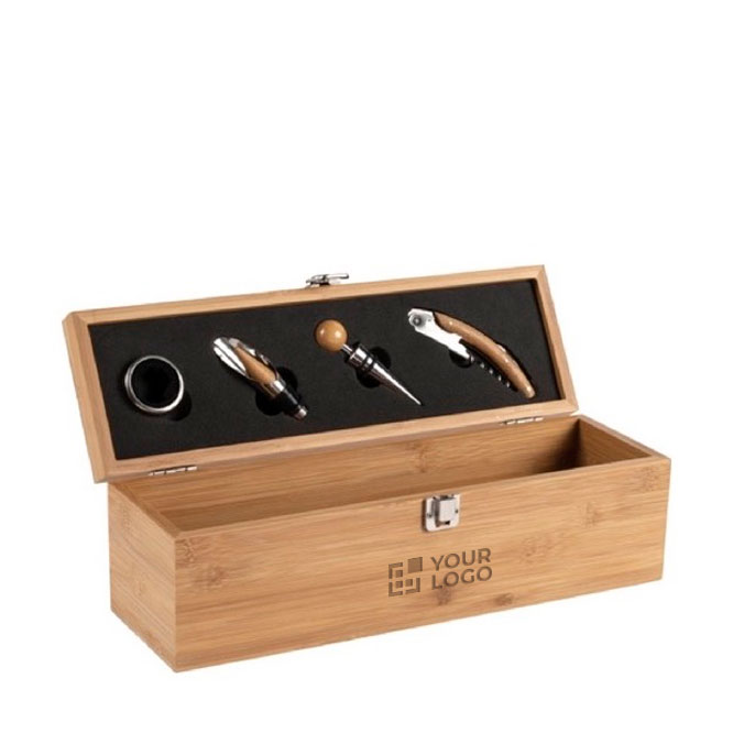Set de vino personalizado en caja de bambú promocional Semillon color madera vista de impresión