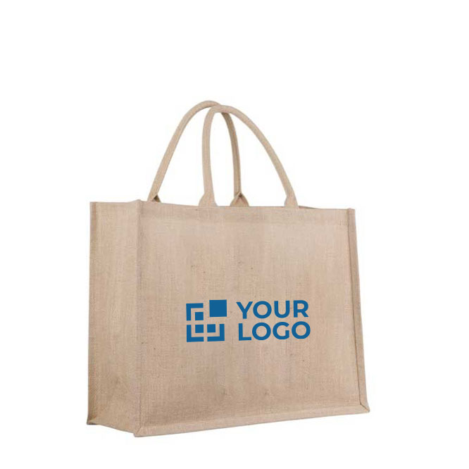 Bolsa de yute personalizada con interior laminado y asas cortas Jute Shop vista principal