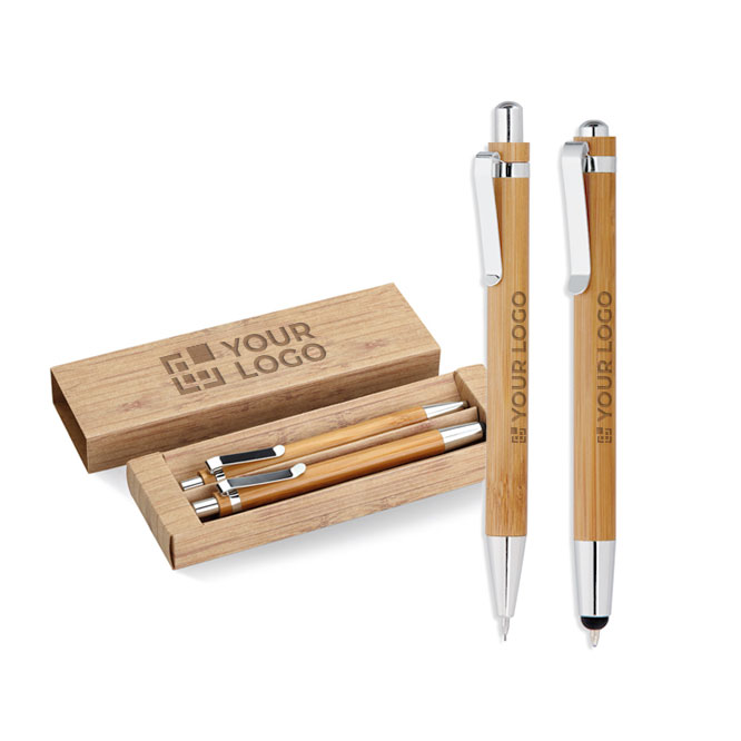 Set ecológico de bolígrafo y lápiz para regalar tinta azul Bambú color madera vista de impresión