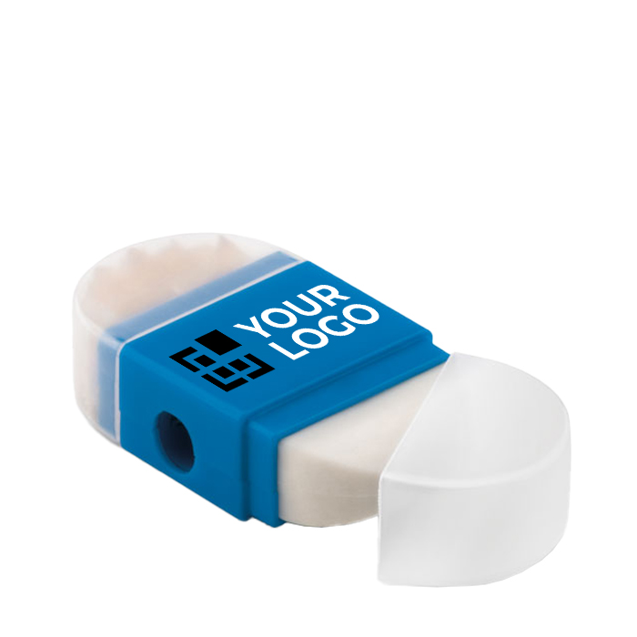 Goma con sacapuntas para personalizar con tu logotipo Duo color azul vista de impresión