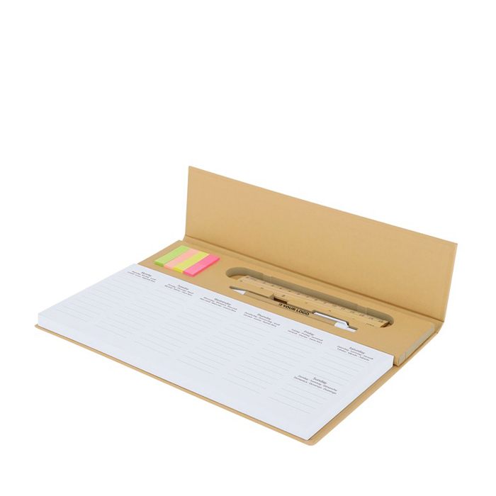 Planificador semanal con bolígrafo de tinta azul, regla y adhesivos vista principal