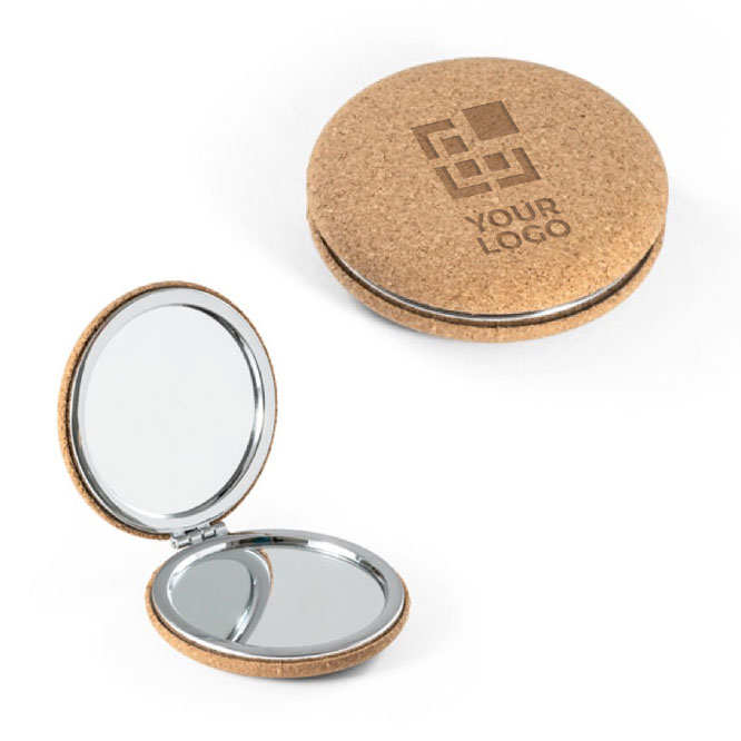 Espejo con logotipo acabado en corcho y de forma circular Corkstyle vista principal