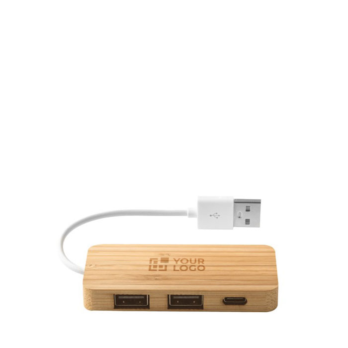 Hub USB 2.0 con puerto tipo C de bambú y cable con el logotipo vista principal