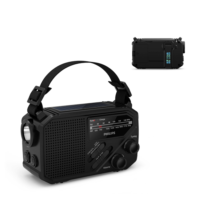 Radio portátil solar con linterna y batería externa de emergencia vista principal