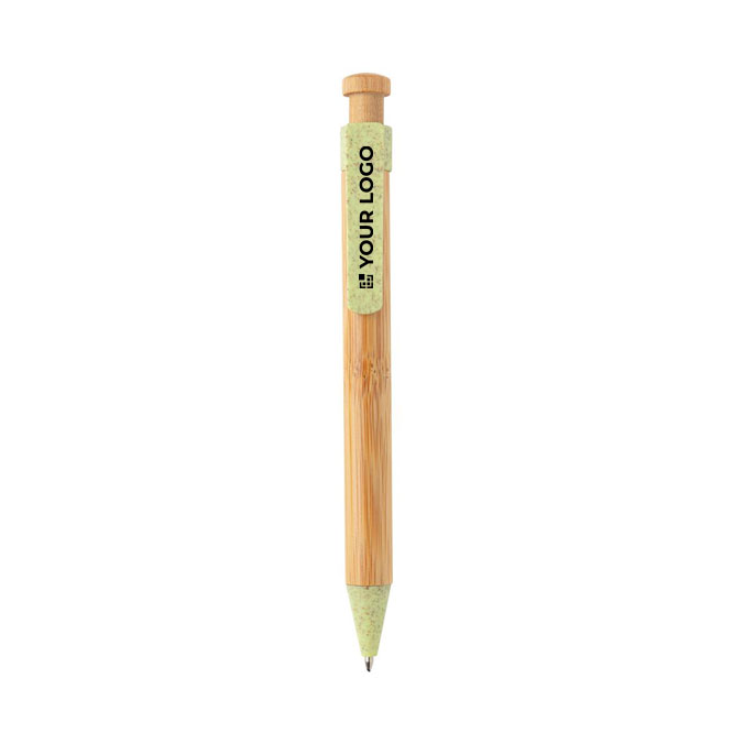 Bolígrafo ecológico personalizado de bambú con tinta azul ColorTip vista de impresión