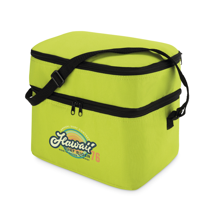 Bolsa térmica corporativa poliéster 600D con dos compartimentos Freeze color verde lima vista principal tercera vista Bolsa térmica corporativa poliéster 600D con dos compartimentos Freeze color verde lima vista principal tercera vista