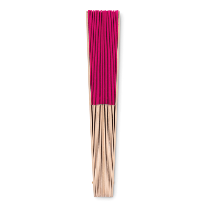 Abanicos personalizados baratos de madera y poliéster Woodster color fucsia segunda vista Abanicos personalizados baratos de madera y poliéster Woodster color fucsia segunda vista