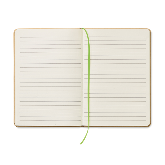 Libreta personalizada reciclada con elástico A5 hojas a rayas EcoNote color verde lima cuarta vista Libreta personalizada reciclada con elástico A5 hojas a rayas EcoNote color verde lima cuarta vista