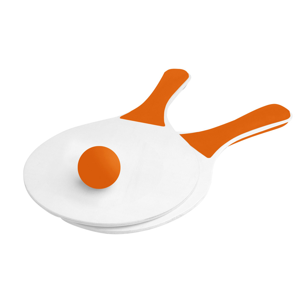 Set de tenis para playa con 2 raquetas de madera y 1 bola color naranja