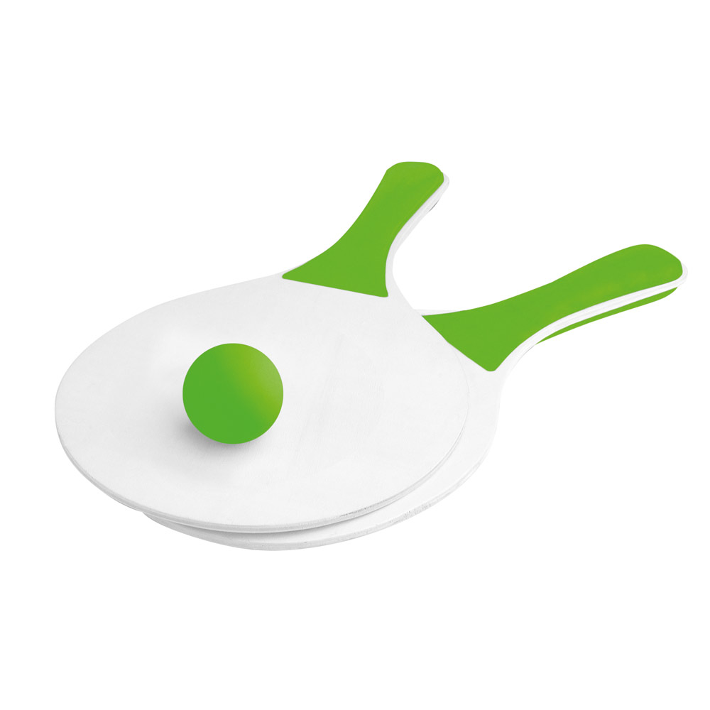 Set de tenis para playa con 2 raquetas de madera y 1 bola color verde claro