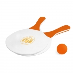 Set de tenis para playa con 2 raquetas de madera y 1 bola color naranja imagen con logo 4
