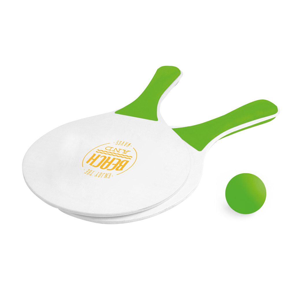 Set de tenis para playa con 2 raquetas de madera y 1 bola color verde claro imagen con logo 4