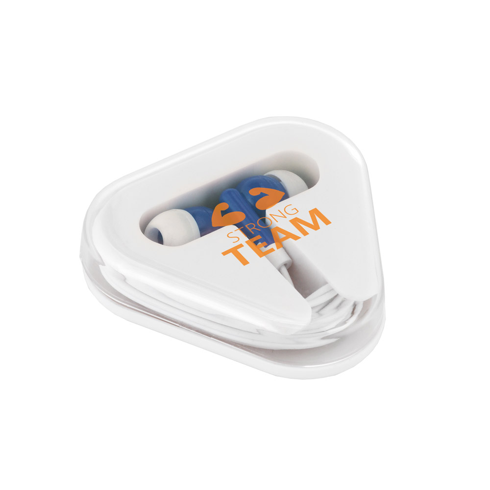 Auriculares promocionales con cable en estuche triangular Bass color azul imagen con logo