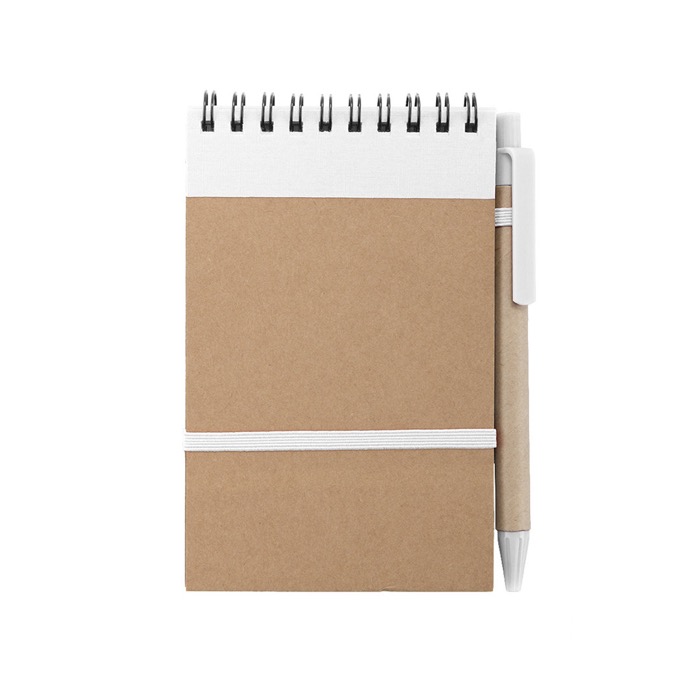 Bloc de notas con bolígrafo de cartón A6 hojas a rayas EcoSpiral color blanco primera vista Bloc de notas con bolígrafo de cartón A6 hojas a rayas EcoSpiral color blanco primera vista