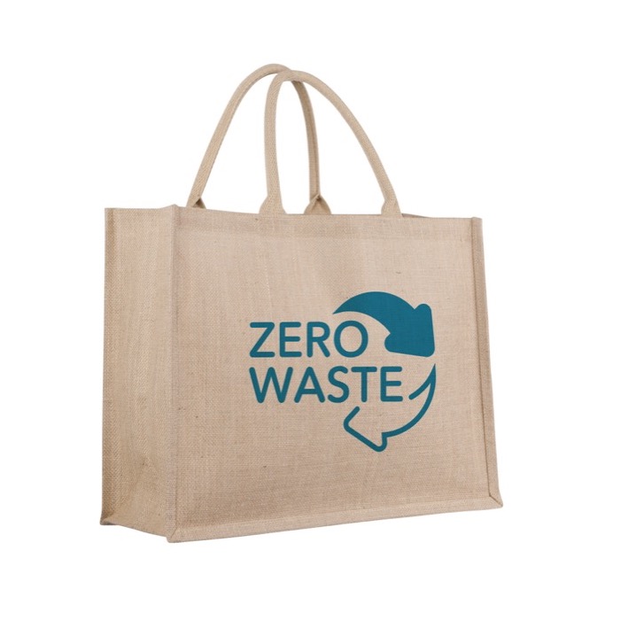 Bolsa de yute personalizada con interior laminado y asas cortas Jute Shop color natural imagen con logo