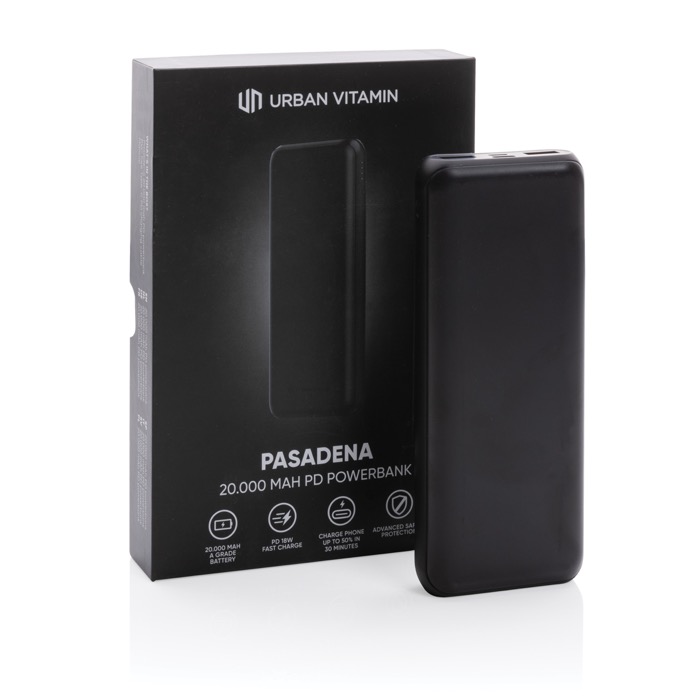 Powerbank de larga duración y carga rápidas de 20.000 mAh Pasadena color negro vista con caja Powerbank de larga duración y carga rápidas de 20.000 mAh Pasadena color negro vista con caja