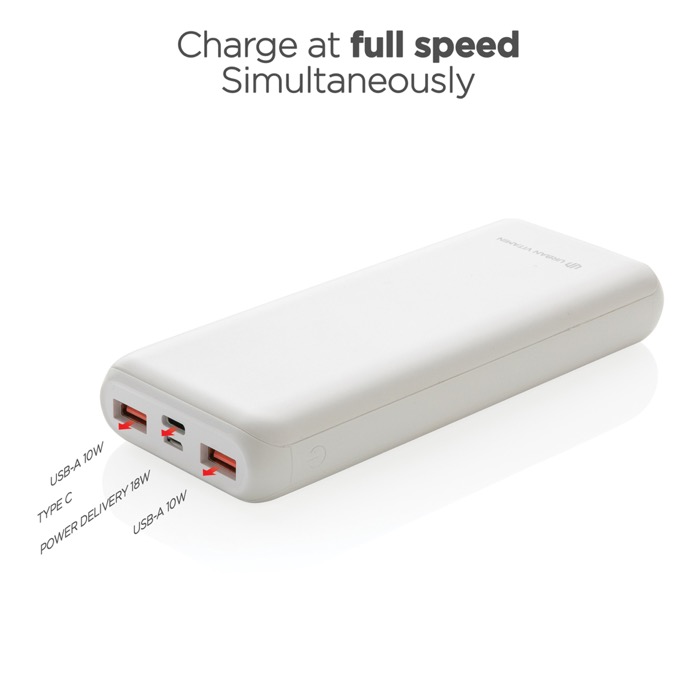 Powerbank de larga duración y carga rápidas de 20.000 mAh Pasadena color blanco quinta vista Powerbank de larga duración y carga rápidas de 20.000 mAh Pasadena color blanco quinta vista