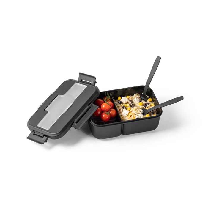 Fiambrera grande con cubiertos, asa y dos pisos 1L All-in-one color negro cuarta vista