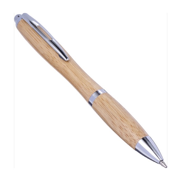 Bolígrafo de bambú con forma redondeada y detalles metálicos color marrón quinta vista Bolígrafo de bambú con forma redondeada y detalles metálicos color marrón quinta vista