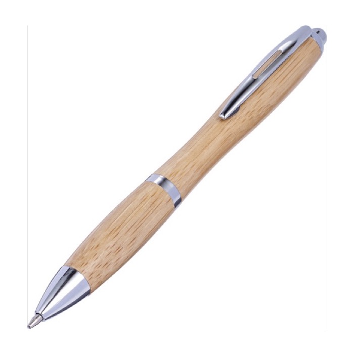 Bolígrafo de bambú con forma redondeada y detalles metálicos color marrón sexta vista Bolígrafo de bambú con forma redondeada y detalles metálicos color marrón sexta vista