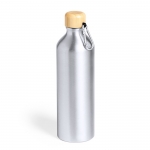 Botella de aluminio grande con tapón de bambú y mosquetón 800ml Helsinki color plateado