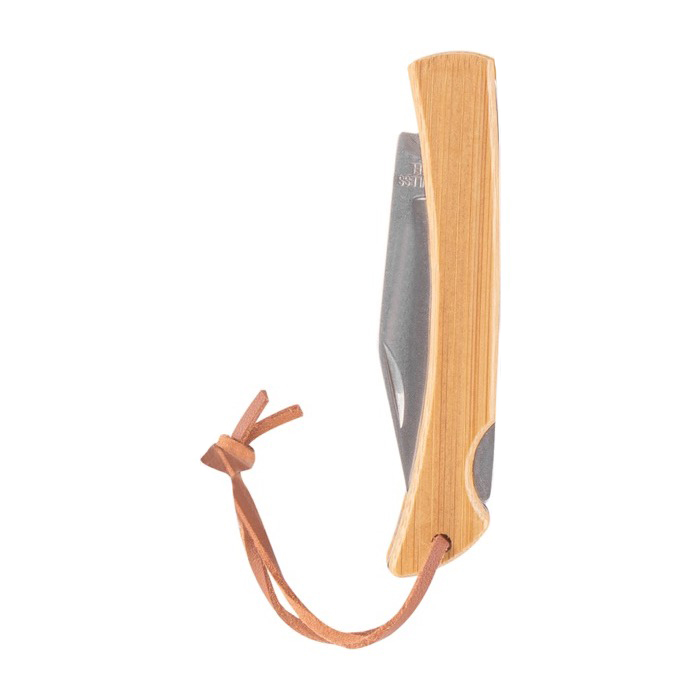 Navaja plegable de acero con mango de bambú con cordón Knife color madera tercera vista