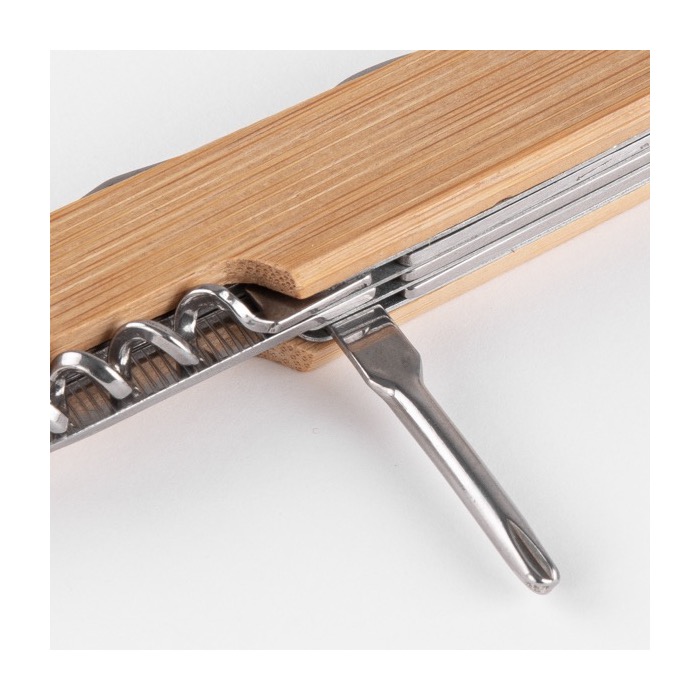 Navaja personalizada de acero y bambú con 9 funciones Zermatt color madera cuarta vista Navaja personalizada de acero y bambú con 9 funciones Zermatt color madera cuarta vista