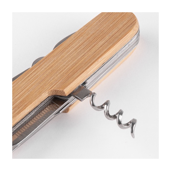 Navaja personalizada de acero y bambú con 9 funciones Zermatt color madera vista detalle Navaja personalizada de acero y bambú con 9 funciones Zermatt color madera vista detalle