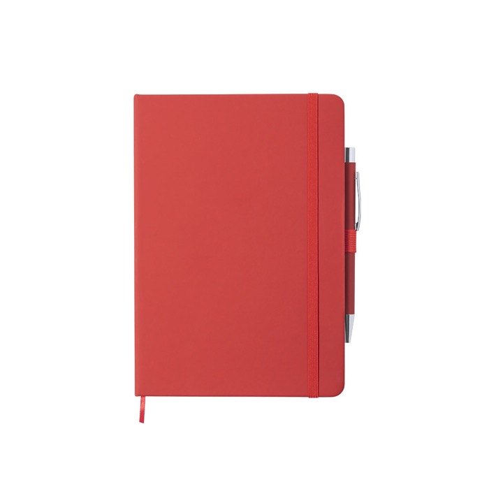 Libreta con bolígrafo, banda elástica de cierrer y A5 hojas a rayas Hemming color rojo primera vista Libreta con bolígrafo, banda elástica de cierrer y A5 hojas a rayas Hemming color rojo primera vista