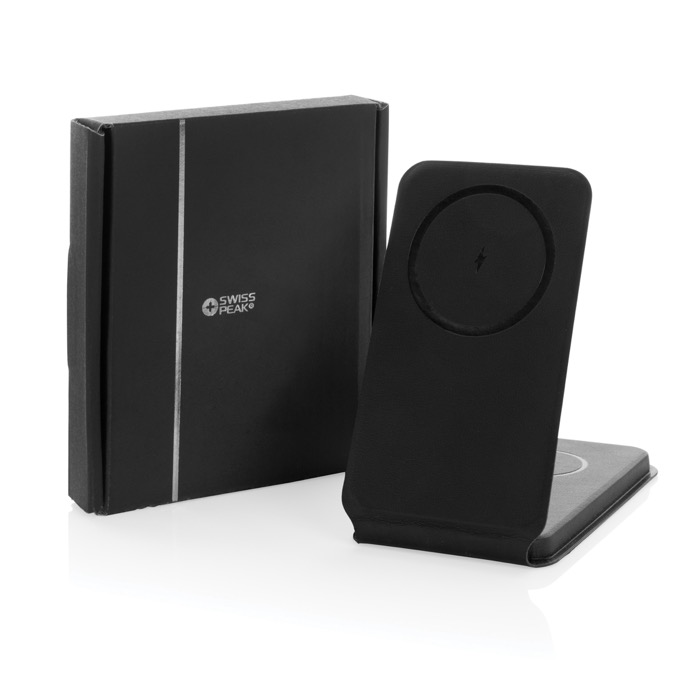 Cargador inalámbrico 3 en 1 plegable con imán vertical para móvil color negro vista con caja Cargador inalámbrico 3 en 1 plegable con imán vertical para móvil color negro vista con caja