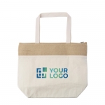 Bolsa nevera personalizada de algodón y detalle de yute con cremallera color caqui vista de impresión