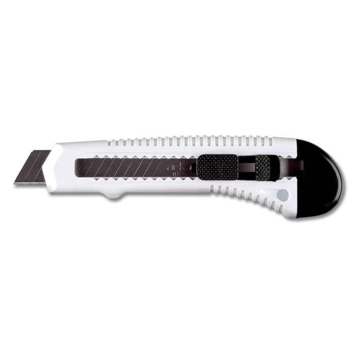 Cutter de aluminio retráctil con 13 hojas de acero al carbono color blanco tercera vista Cutter de aluminio retráctil con 13 hojas de acero al carbono color blanco tercera vista