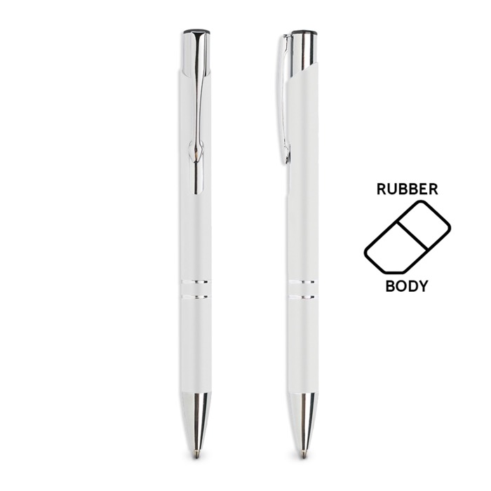 Bolígrafo de aluminio barato con cuerpo de goma y tinta negra Glober color blanco