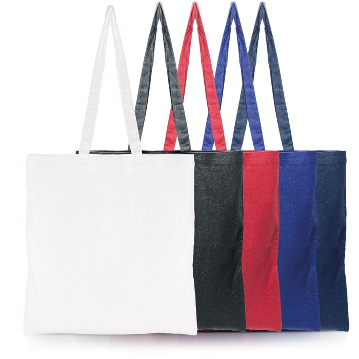 Bolsa de algodón reciclado de asas largas 140 g/m2 Upcycling vista con varios colores