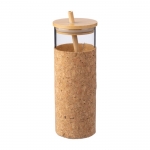 Vaso 450ml de vidrio con funda de corcho y tapa y pajita de bambú color marrón primera vista