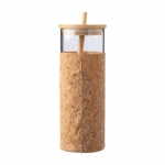 Vaso 450ml de vidrio con funda de corcho y tapa y pajita de bambú color marrón sexta vista