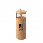 Vaso 450ml de vidrio con funda de corcho y tapa y pajita de bambú color marrón vista de impresión