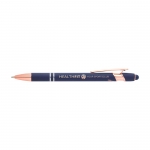 Bolígrafo de aluminio reciclado con detalles de oro rosa tinta azul color azul marino vista impresa logo 2