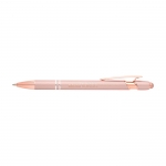 Bolígrafo de aluminio reciclado con detalles de oro rosa tinta azul color rosa pastel vista impresa logo 2