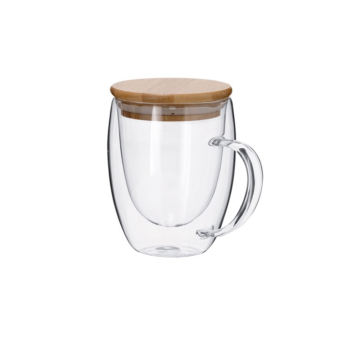 Taza de vidrio de doble pared con asa de vidrio y tapa de bambú 300ml segunda vista Taza de vidrio de doble pared con asa de vidrio y tapa de bambú 300ml segunda vista