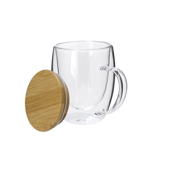Taza de vidrio de doble pared con asa de vidrio y tapa de bambú 300ml tercera vista Taza de vidrio de doble pared con asa de vidrio y tapa de bambú 300ml tercera vista